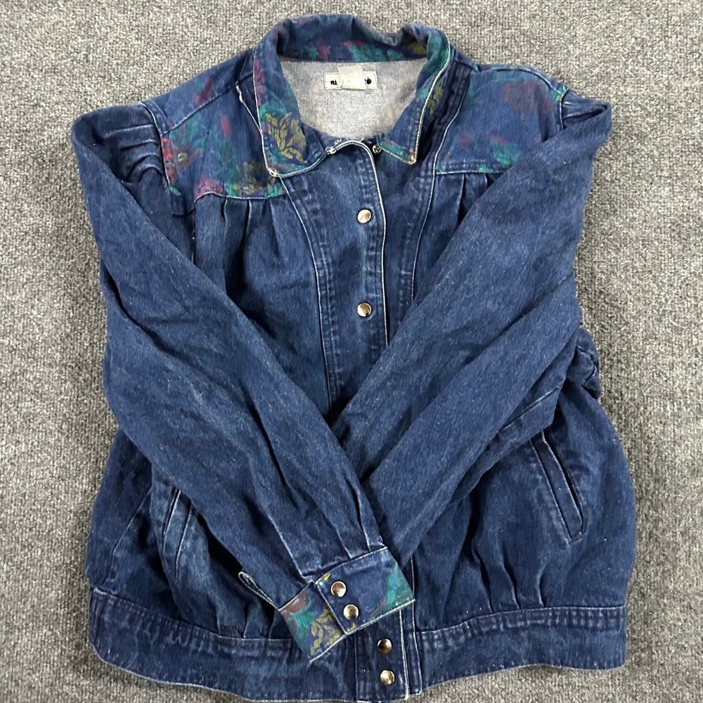 Andre Miro Denim Jacket Womens Size 44 Blue Floral Yoke Snap Front USA Made